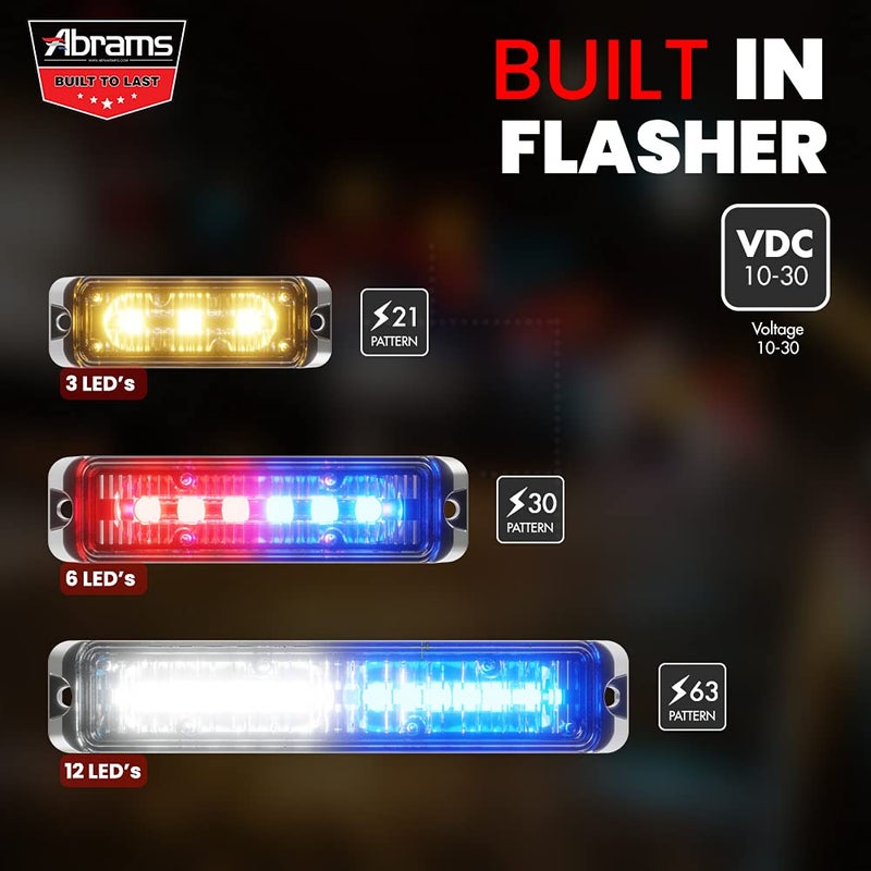 Abrams Flex Series (Amber/White) 18W - 6 LED Snow Plow Truck Vehicle LED Grille Light Head Surface Mount Strobe Warning Light - Image 5